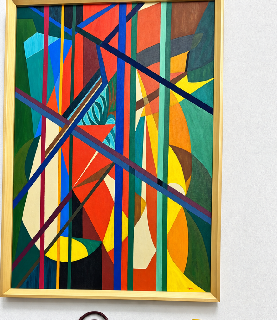 Enigma notturno di Francesco Sgroi, 1992 - dipinto con geometria figurativa e colori contrastanti